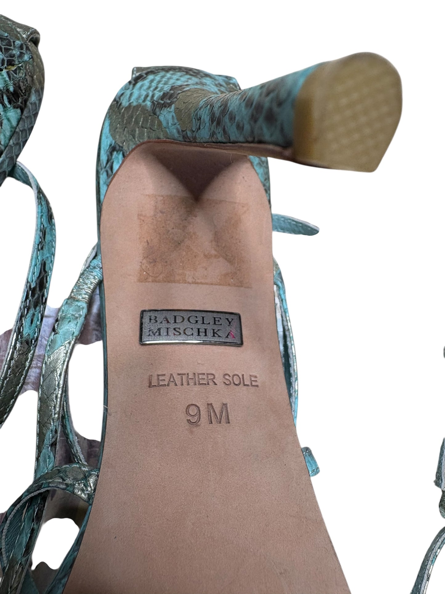 Badgley Mischka Five Inch Blue Snakeskin Stiletto Strappy Sandals