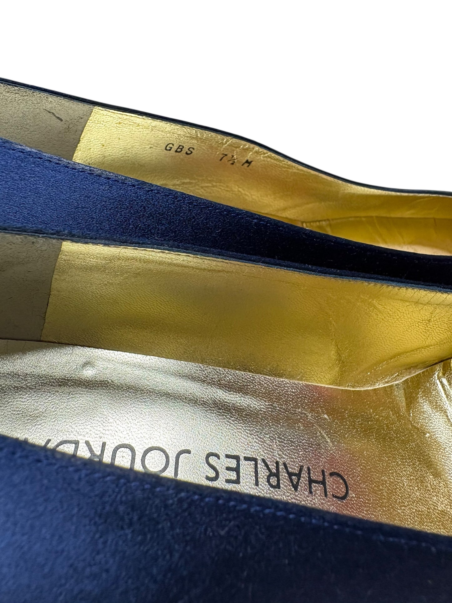 Charles Jourdan Navy Blue Silk Block Heel Shoes