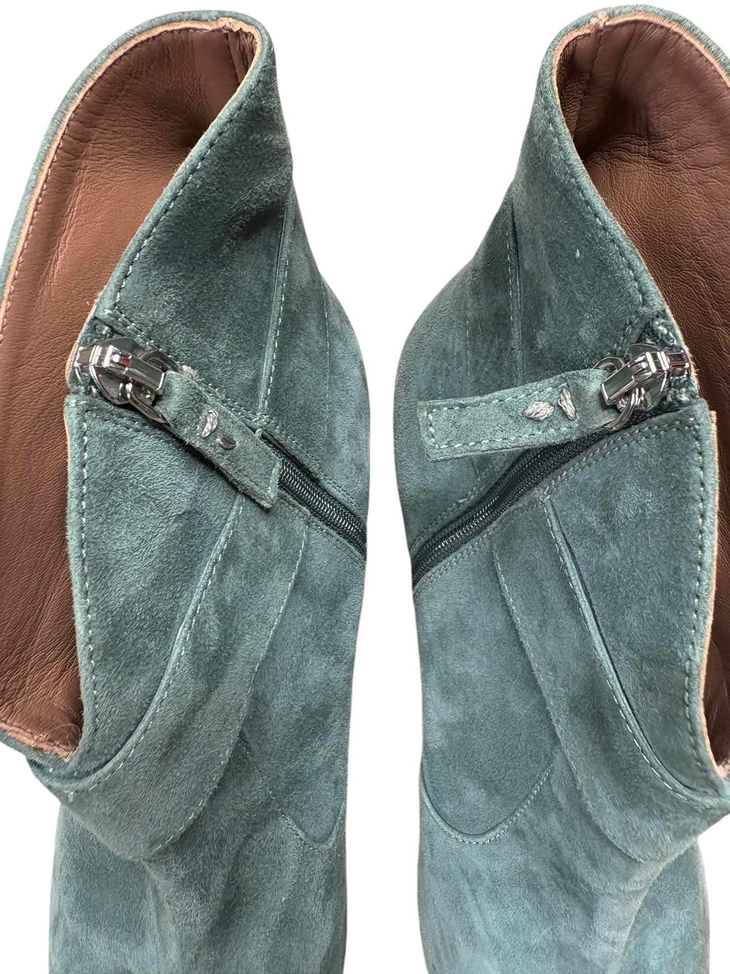 Tabitha Simmons Pointy Toe Powder Blue Suede Kitten Heel Booties