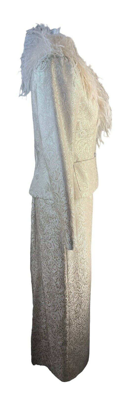 Victor Costa Two- Piece Light Gold Paisley Print Maxi Skirt Suit Feathers