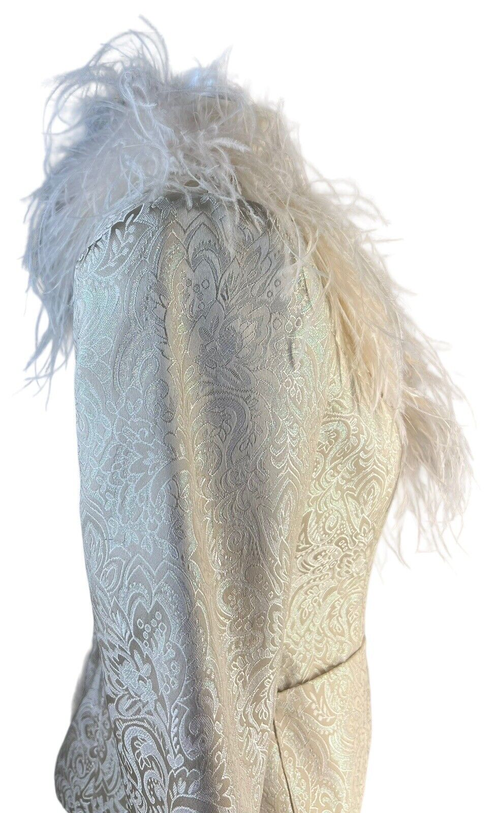 Victor Costa Two- Piece Light Gold Paisley Print Maxi Skirt Suit Feathers