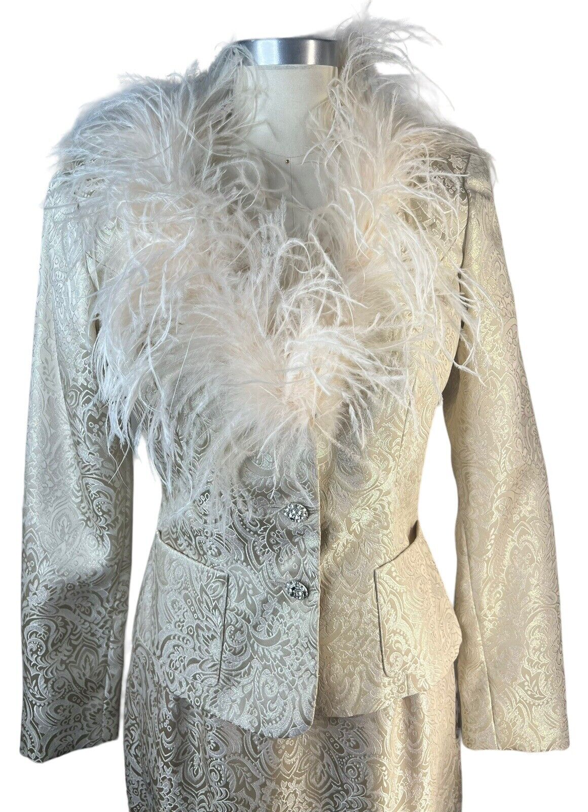 Victor Costa Two- Piece Light Gold Paisley Print Maxi Skirt Suit Feathers