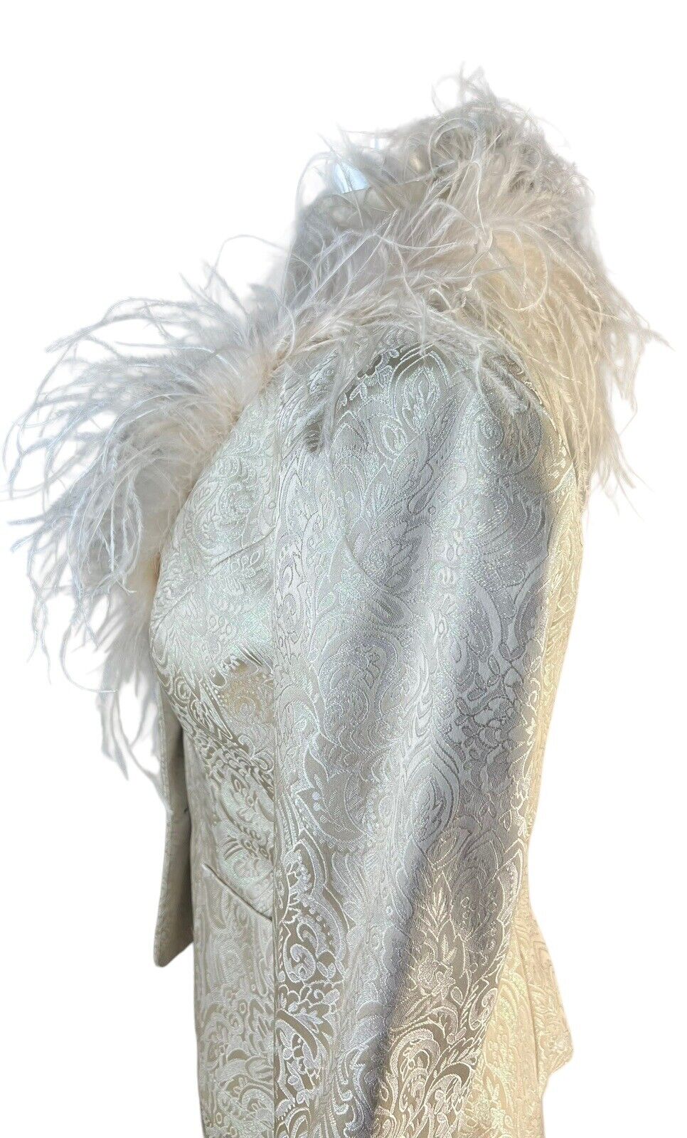 Victor Costa Two- Piece Light Gold Paisley Print Maxi Skirt Suit Feathers