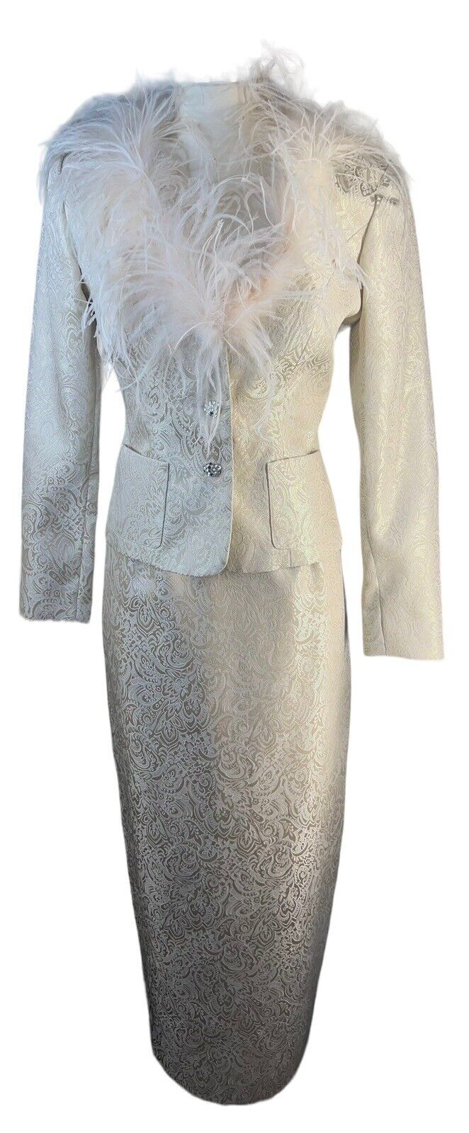 Victor Costa Two- Piece Light Gold Paisley Print Maxi Skirt Suit Feathers