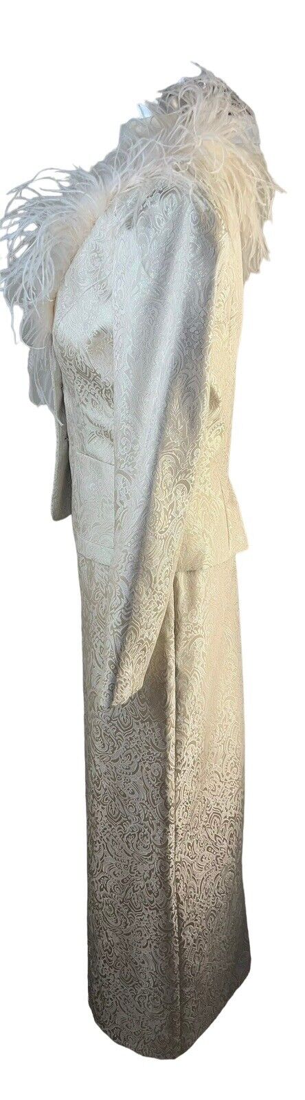 Victor Costa Two- Piece Light Gold Paisley Print Maxi Skirt Suit Feathers