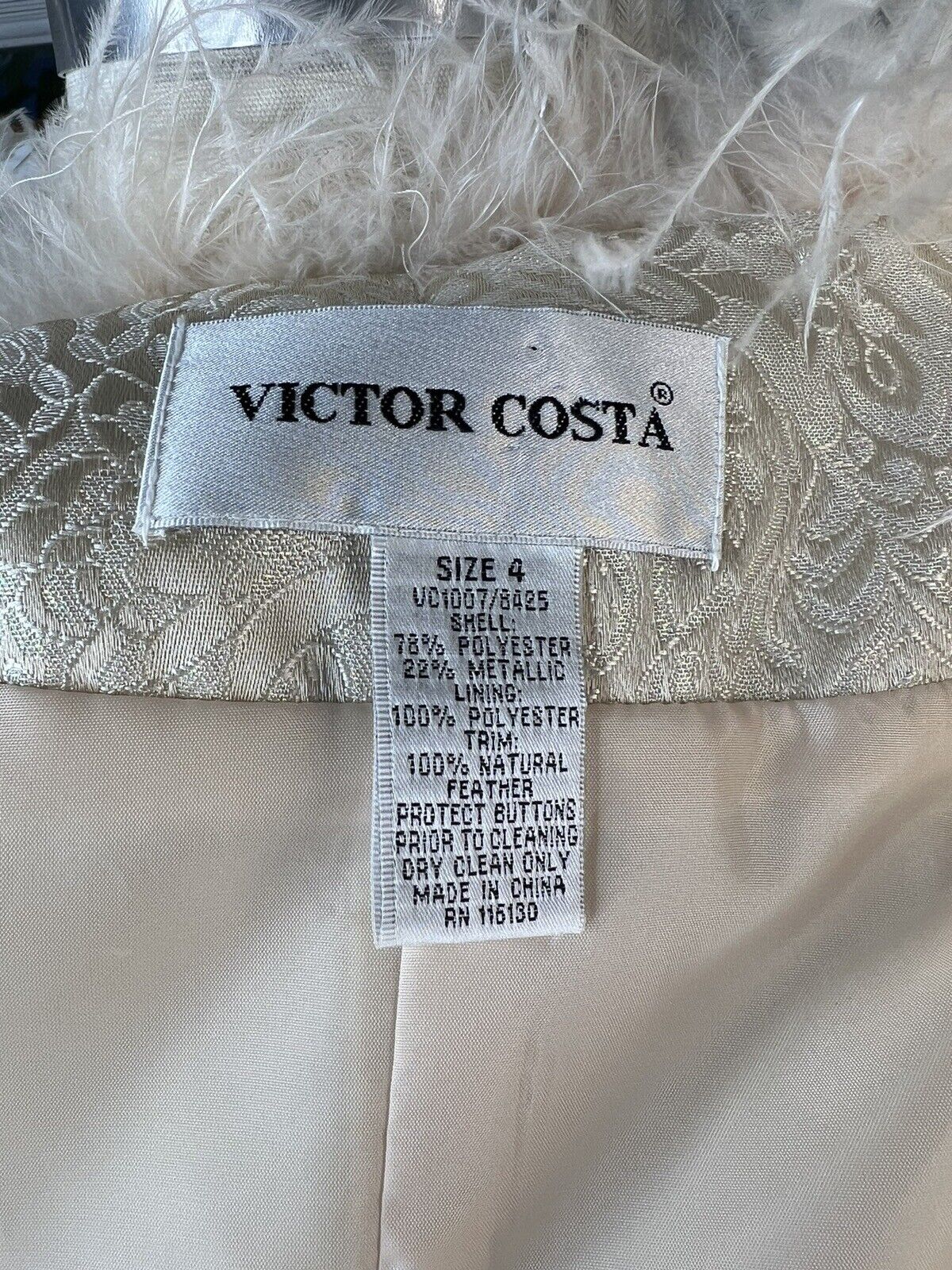 Victor Costa Two- Piece Light Gold Paisley Print Maxi Skirt Suit Feathers
