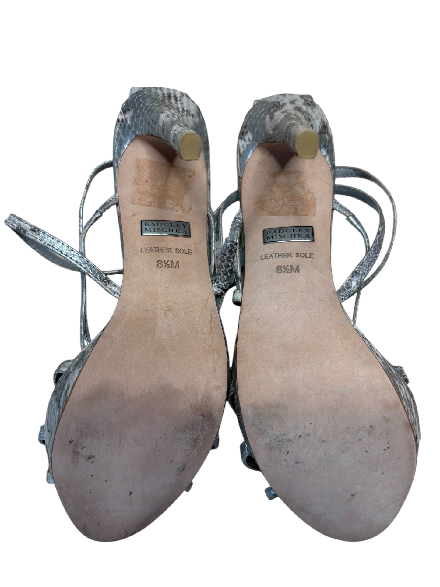 Badgley Mischka Five Inch Silver Snakeskin Stiletto Strappy Sandals