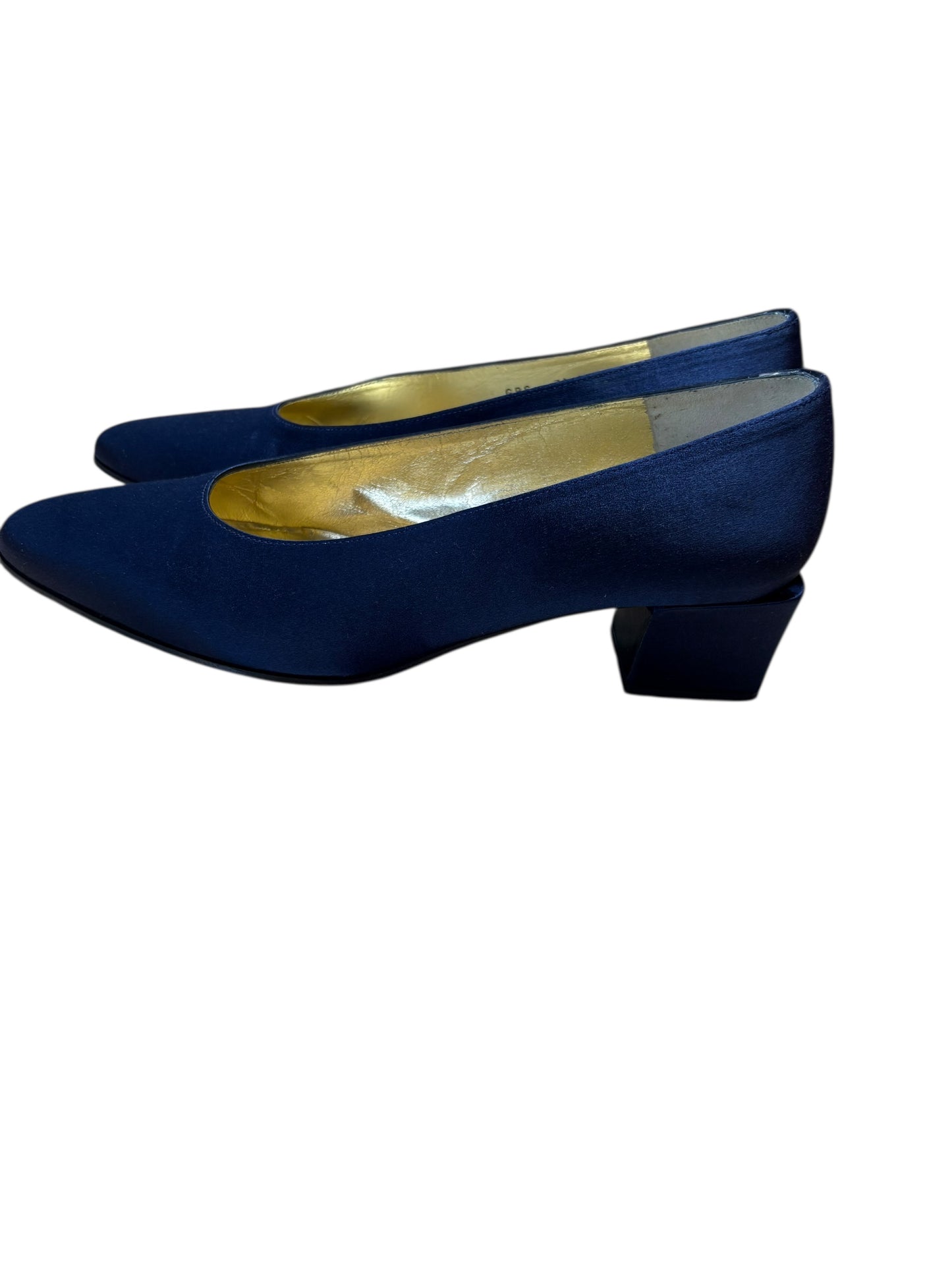 Charles Jourdan Navy Blue Silk Block Heel Shoes