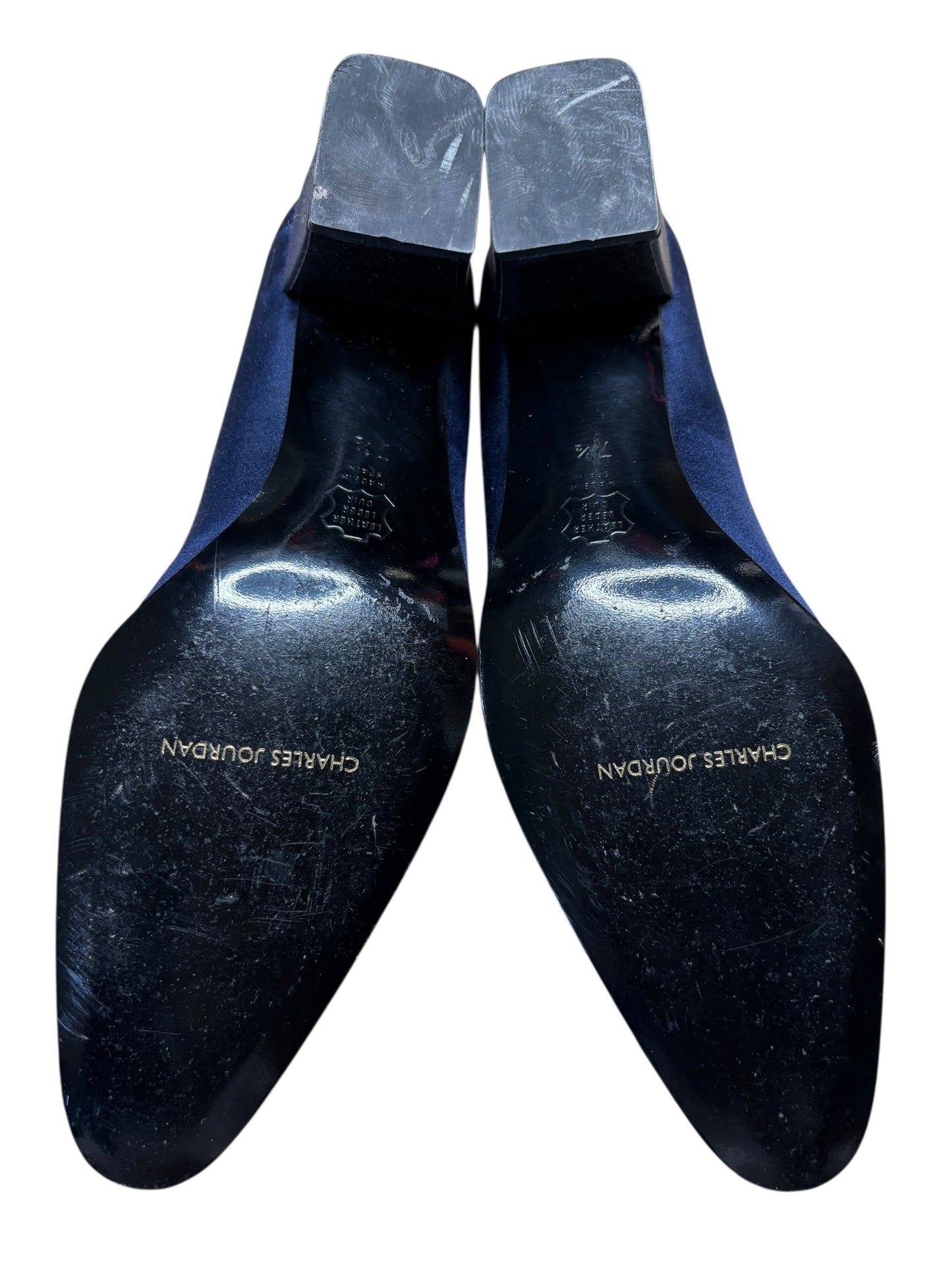 Charles Jourdan Navy Blue Silk Block Heel Shoes