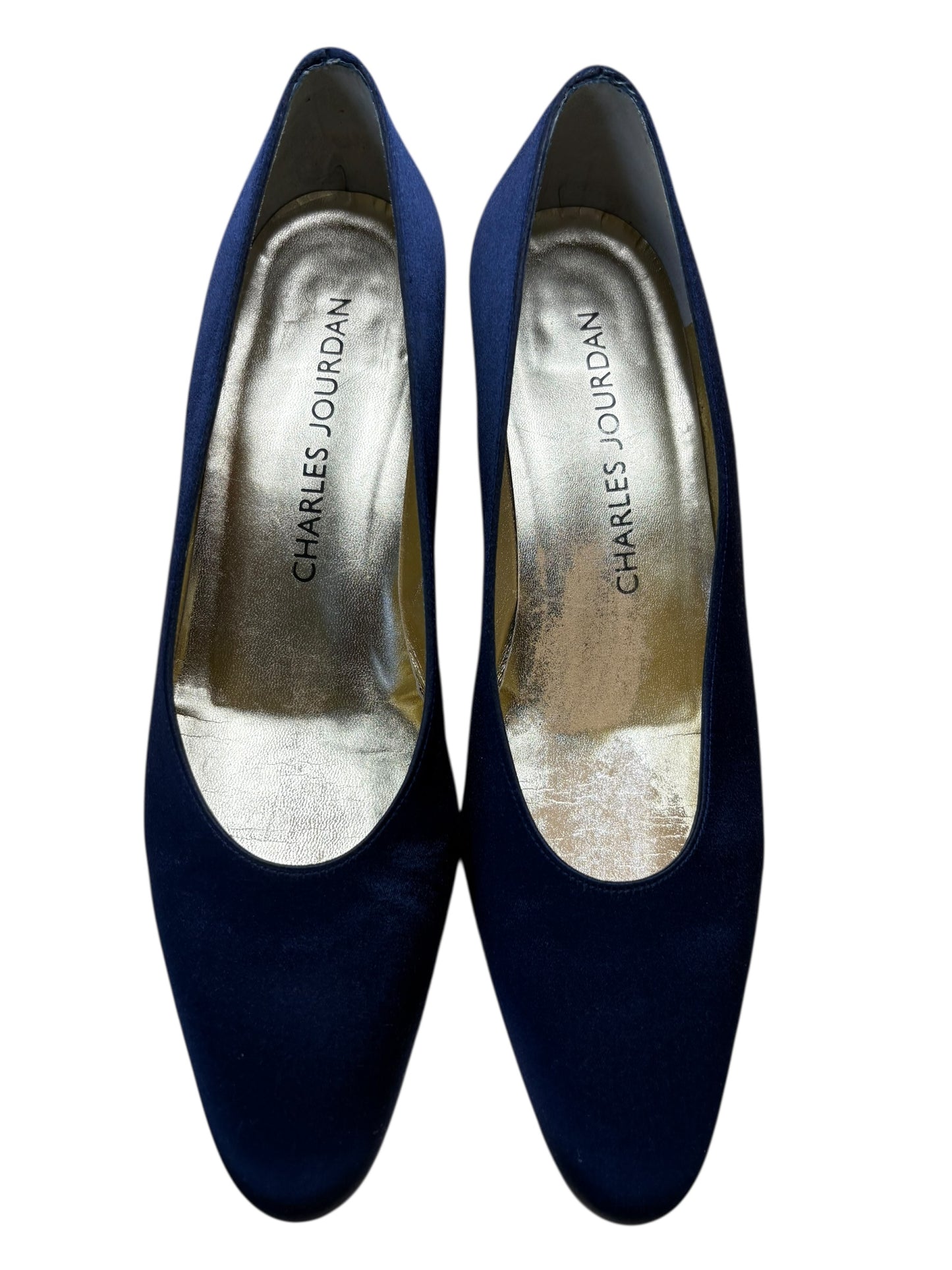 Charles Jourdan Navy Blue Silk Block Heel Shoes