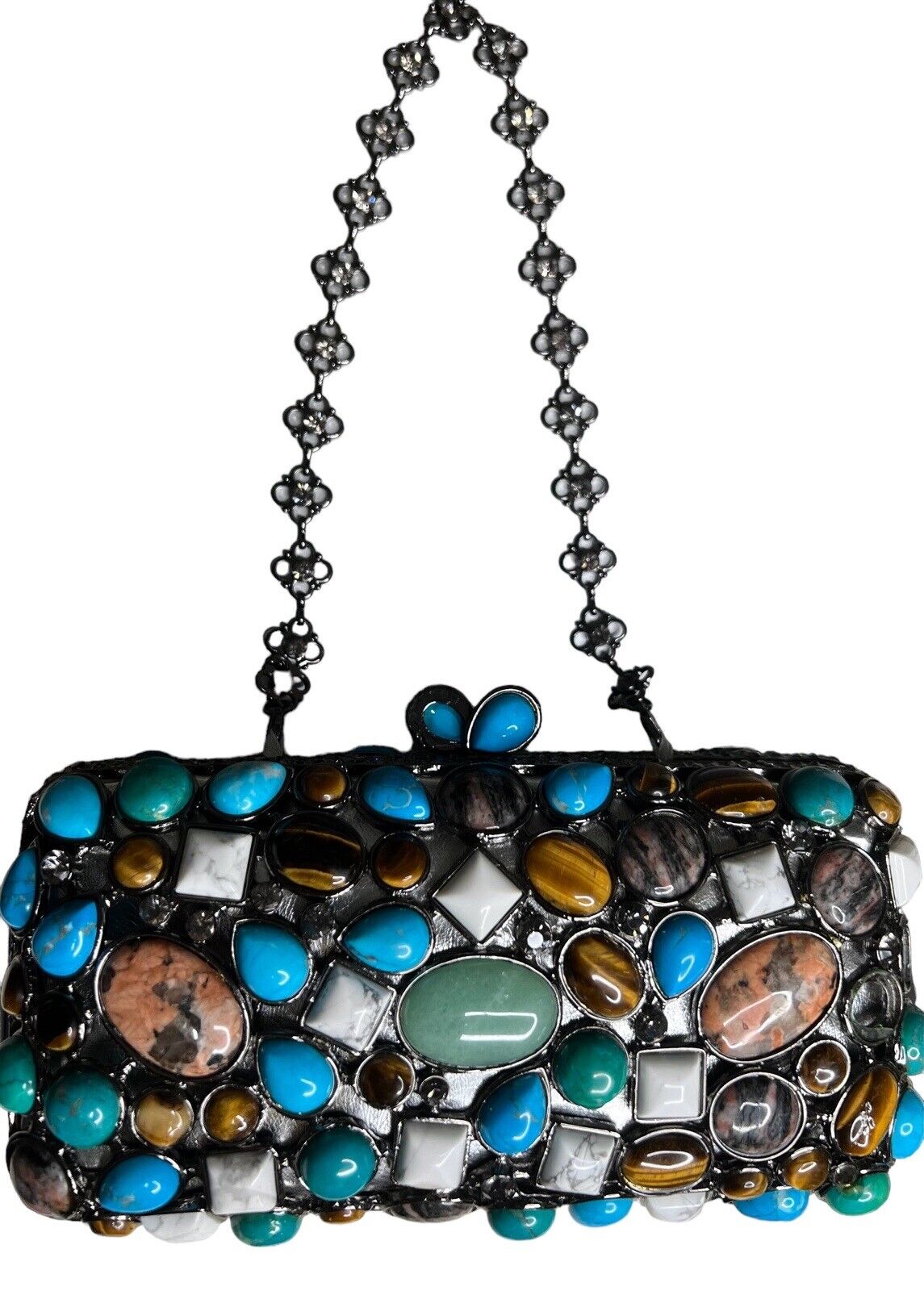 precious stone encrusted clutch with metal strap