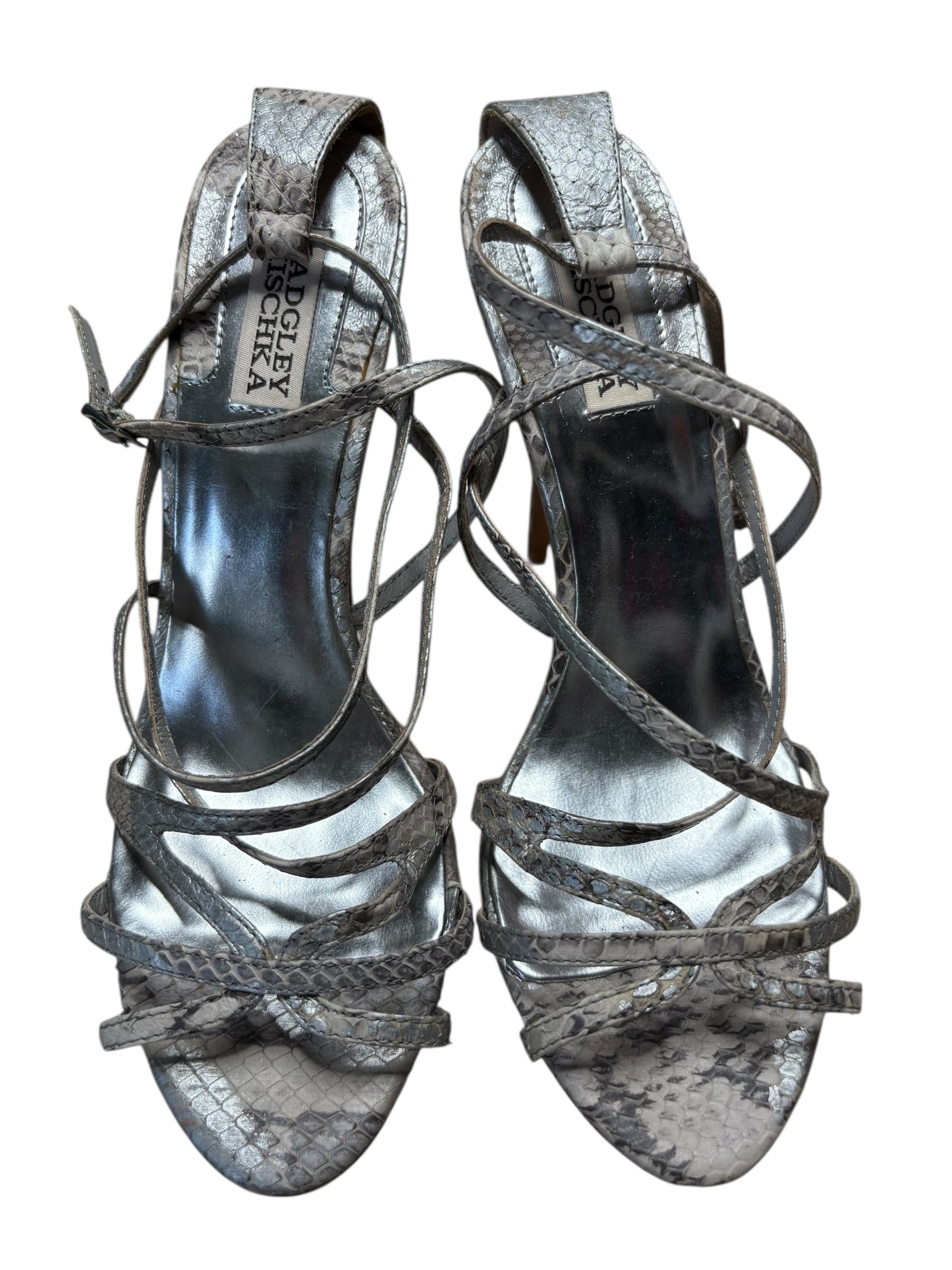 Badgley Mischka Five Inch Silver Snakeskin Stiletto Strappy Sandals