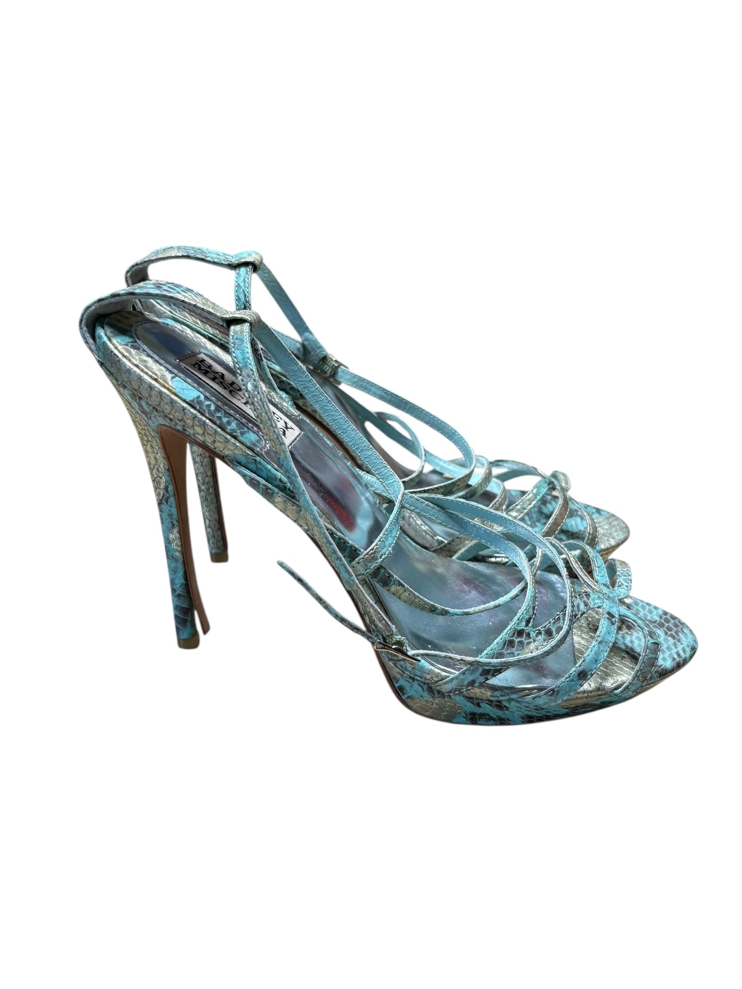 Badgley Mischka Five Inch Blue Snakeskin Stiletto Strappy Sandals