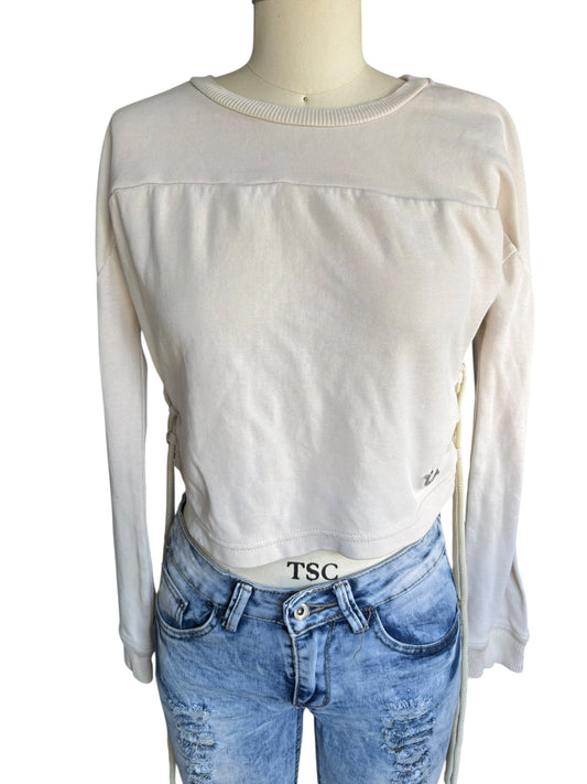 True Religion Long Sleeved Cotton & Mesh Crop Top Drawstrings