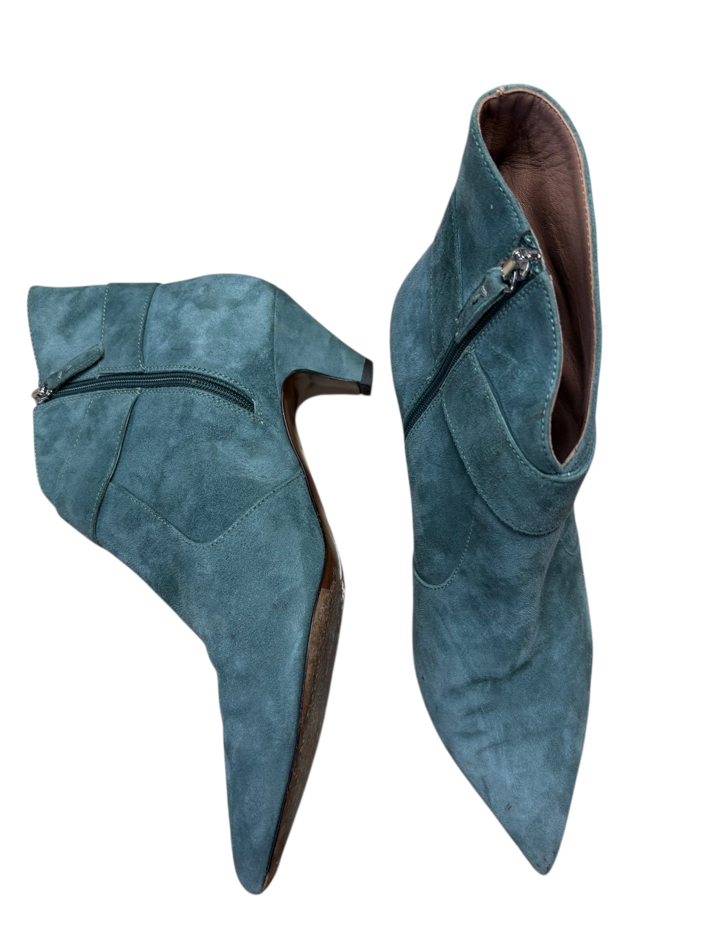 Tabitha Simmons Pointy Toe Powder Blue Suede Kitten Heel Booties