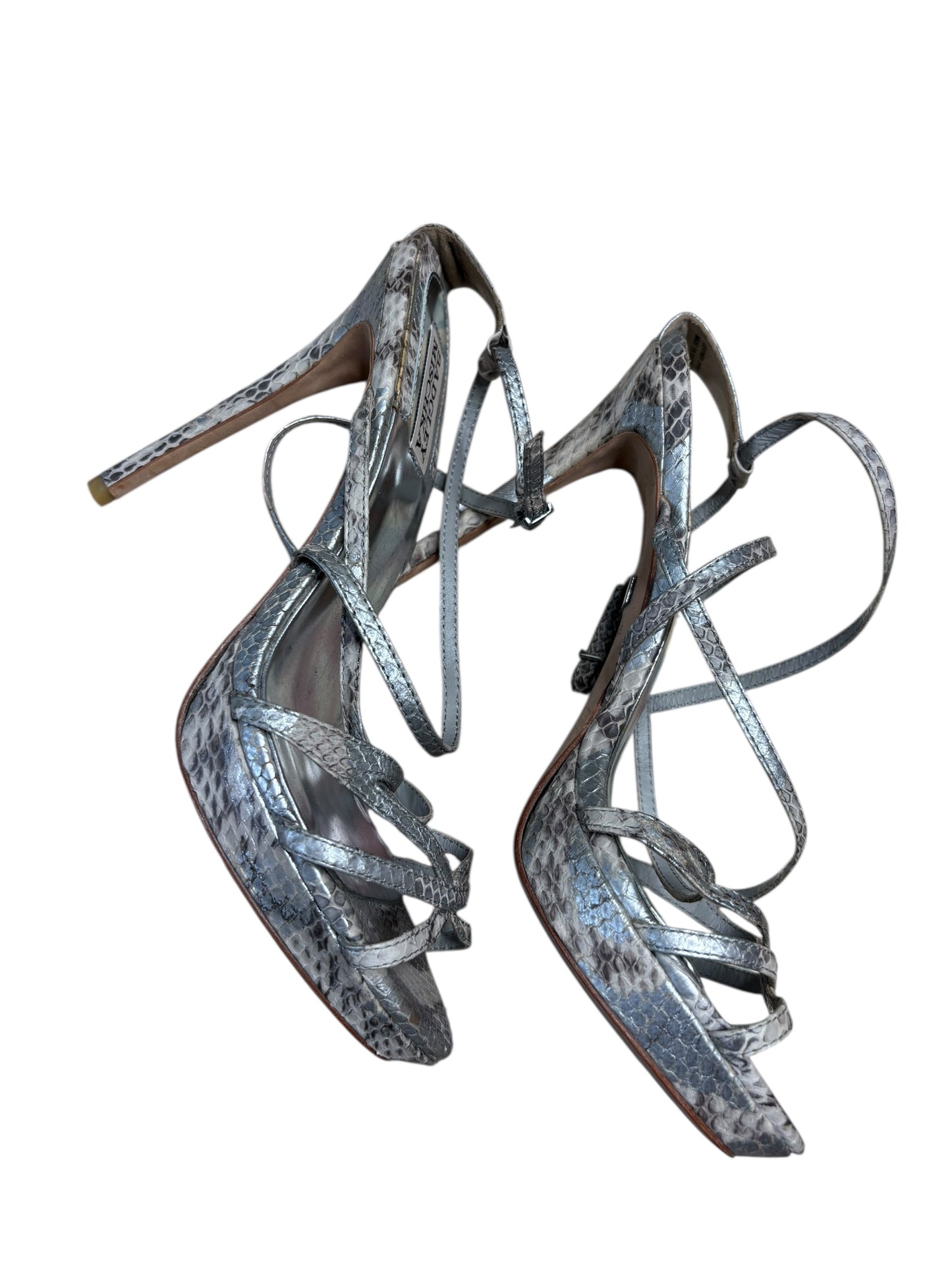 Badgley Mischka Five Inch Silver Snakeskin Stiletto Strappy Sandals