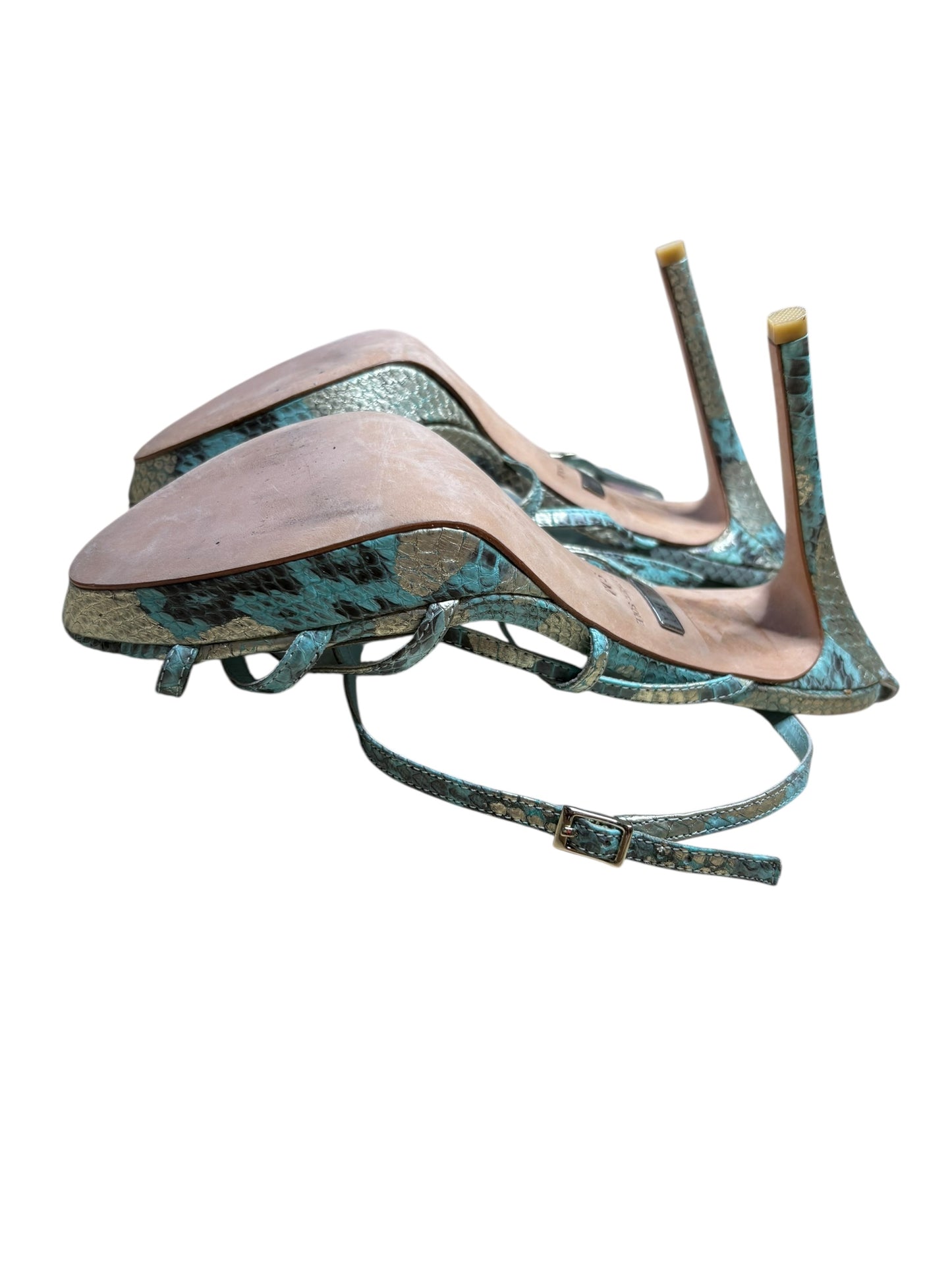 Badgley Mischka Five Inch Blue Snakeskin Stiletto Strappy Sandals