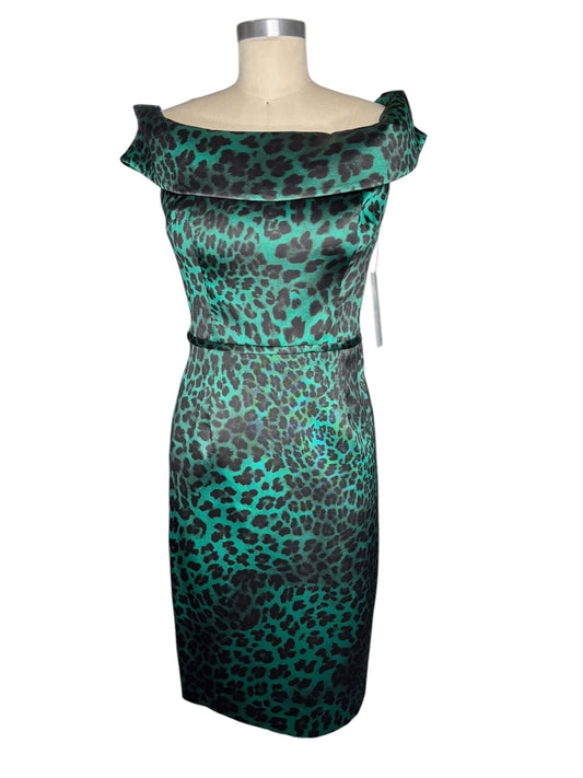 Rickie Freeman Teri Jon Green Leopard Print Party Mini Dress