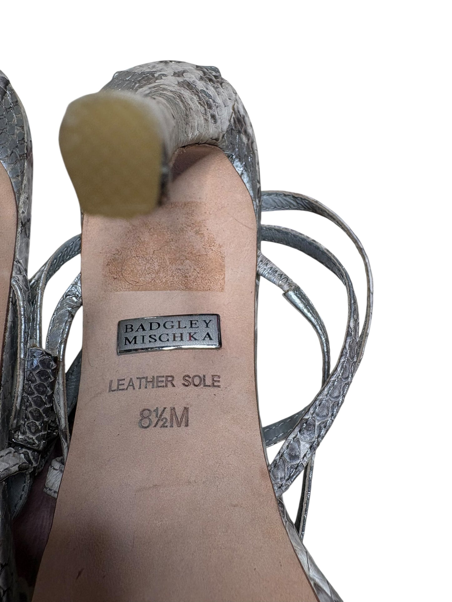 Badgley Mischka Five Inch Silver Snakeskin Stiletto Strappy Sandals