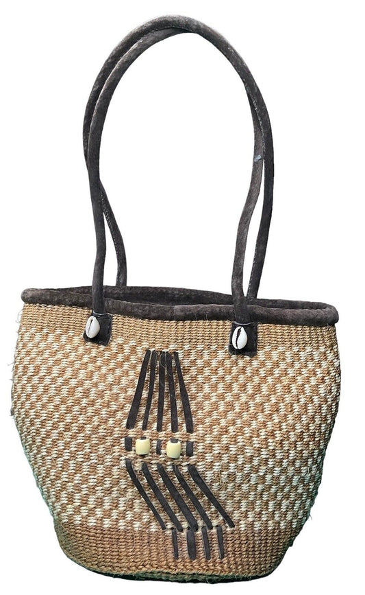 Vintage Straw Bucket Purse Handbag Bag Suede Straps Beads Cowrie Shells