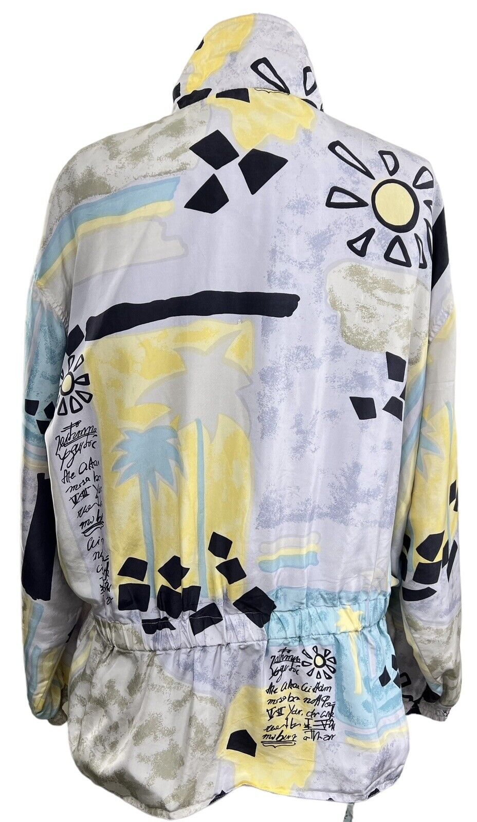 East West Silks Zip Up Elastic Waist Oversized Jacket With Writing Size Small