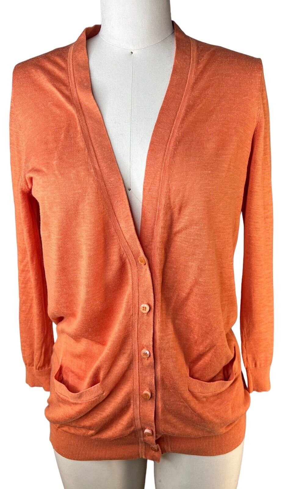 Ann Taylor Women’s Deep Coral Silk Linen Long-sleeved Cardigan Size Medium 