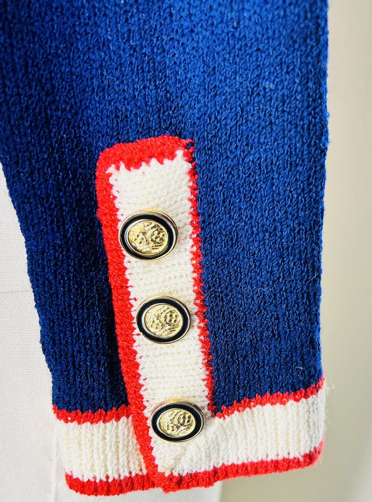 Jaylon New York Blue Cardigan Red & White Trim Gold Buttons Size 6