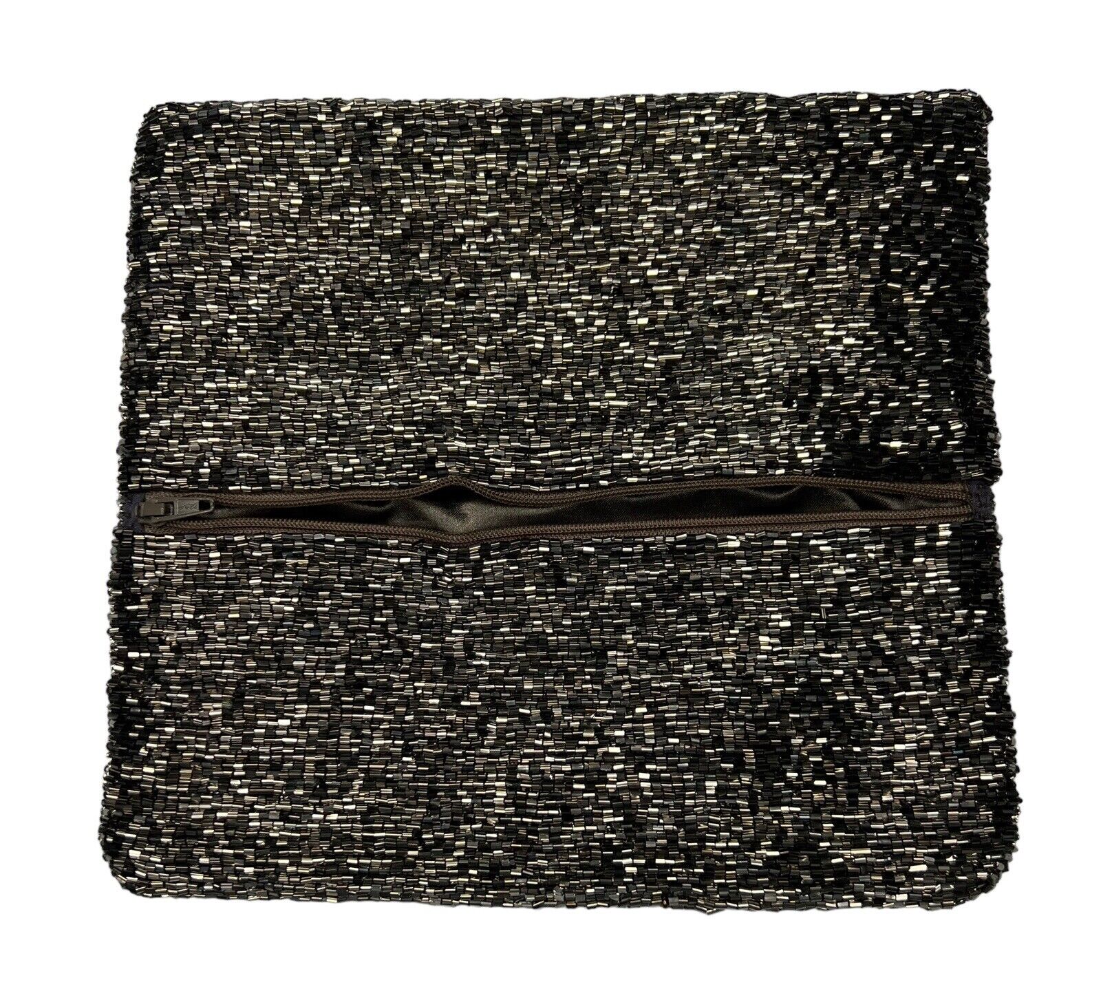 Moyna Fold-over Pewter Beaded Zip Clutch