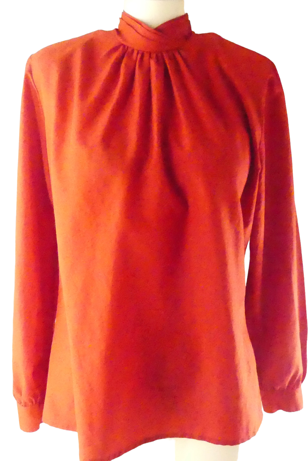 Lucia 1980s Detailed Red High Pleated Neck Blouse Size M