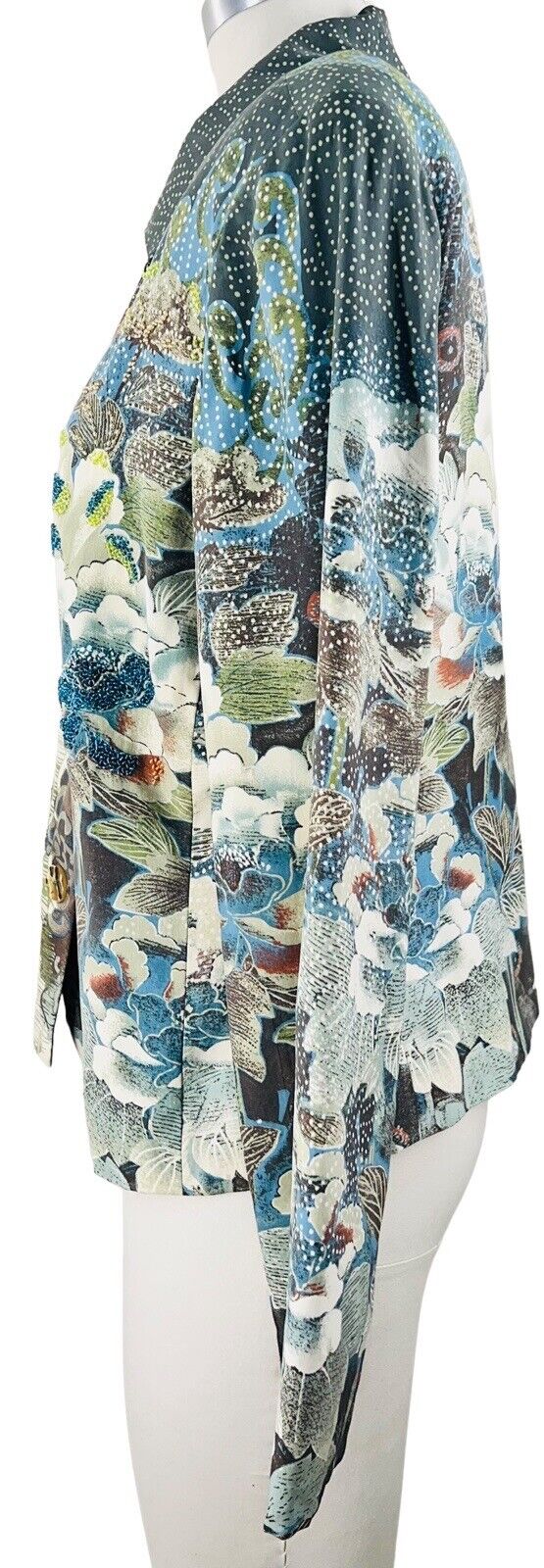 Nancy Bolen City Girl Silk Floral Pattern Sequined  Jacket Wood Buttons