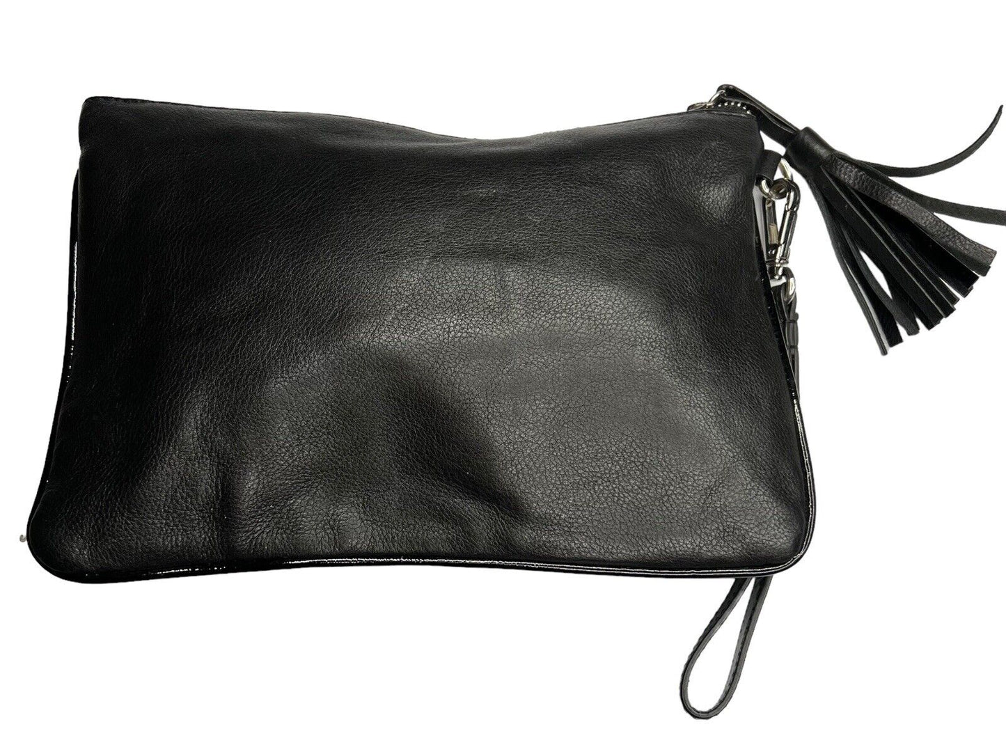 Chico’s Black Leather Clutch Leather Rose Beaded 