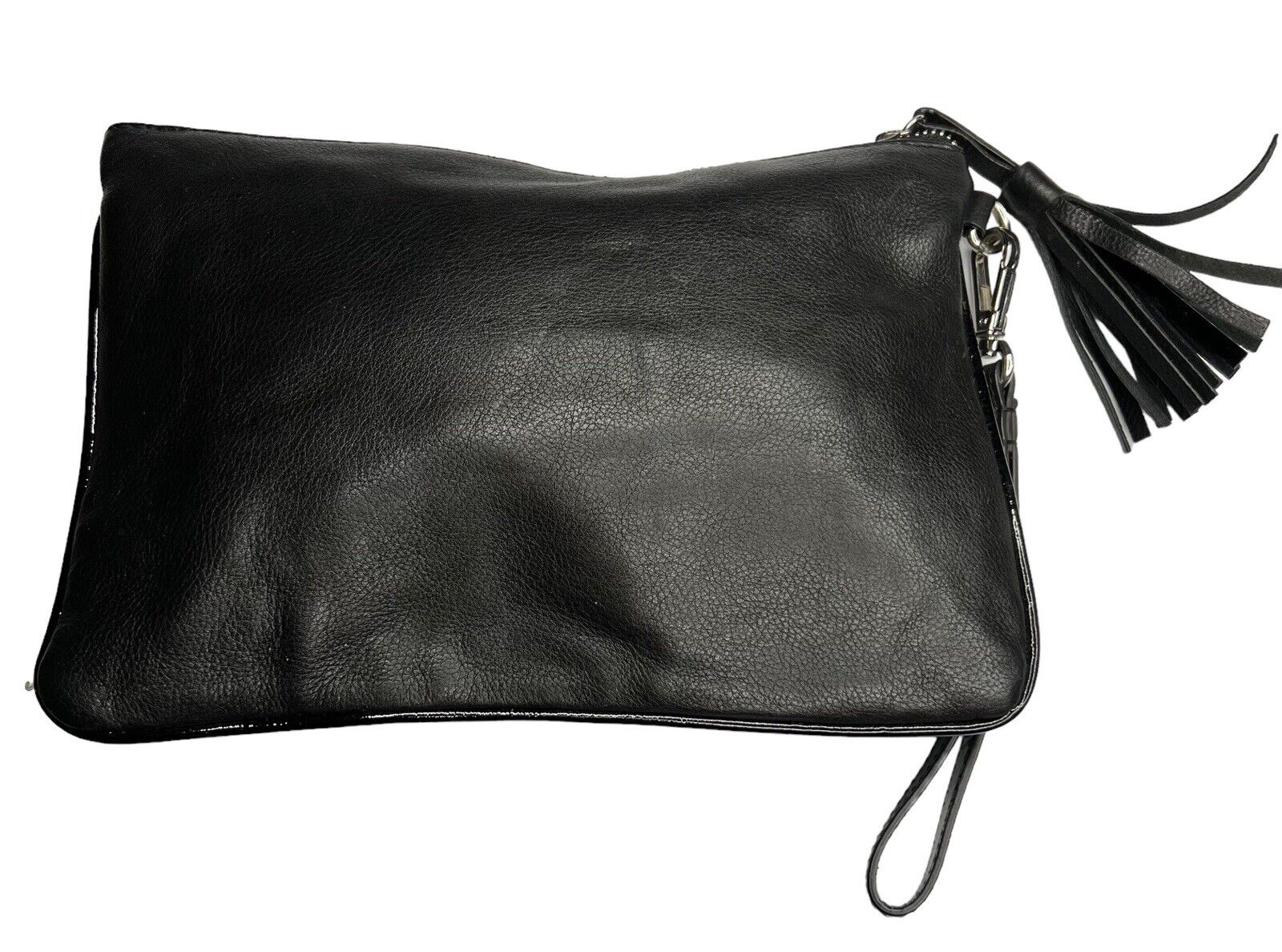 Chico’s Black Leather Clutch Leather Rose Beaded 