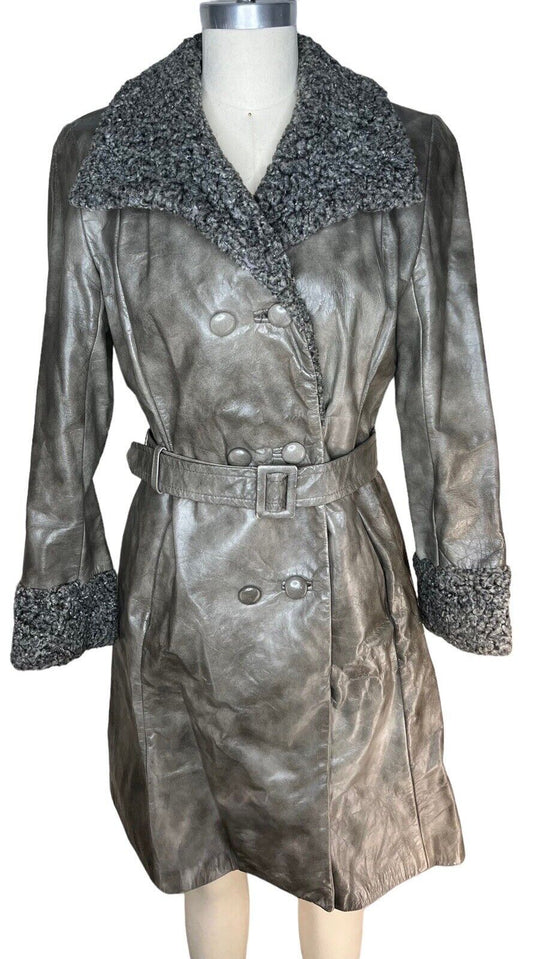 Women’s Scully Belted Gray Leather Jacket Fur Cuff & Collar Size 10