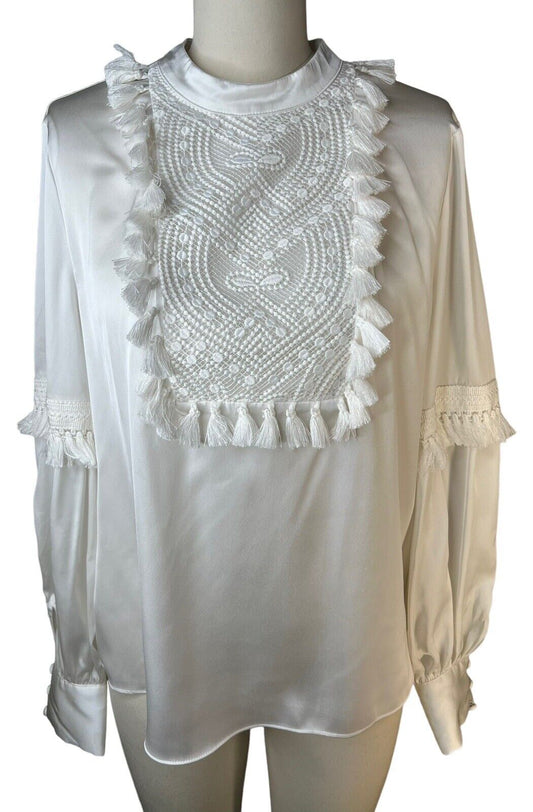 Ryegrass Women’s White Long-sleeved Pullover Fringe Lace Blouse Size Medium