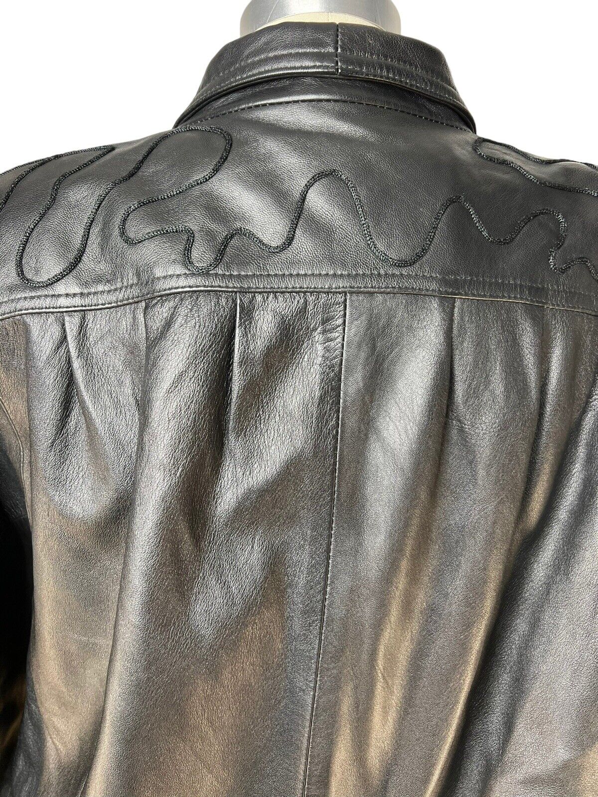 Women’s Black Italian Leather Cropped Jacket Embroidered Shoulder By Regal