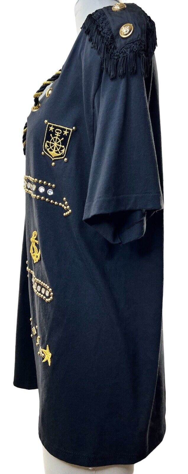 Clodia Dee NY Womens Black Tee Fringe Gold Sailor Size Large