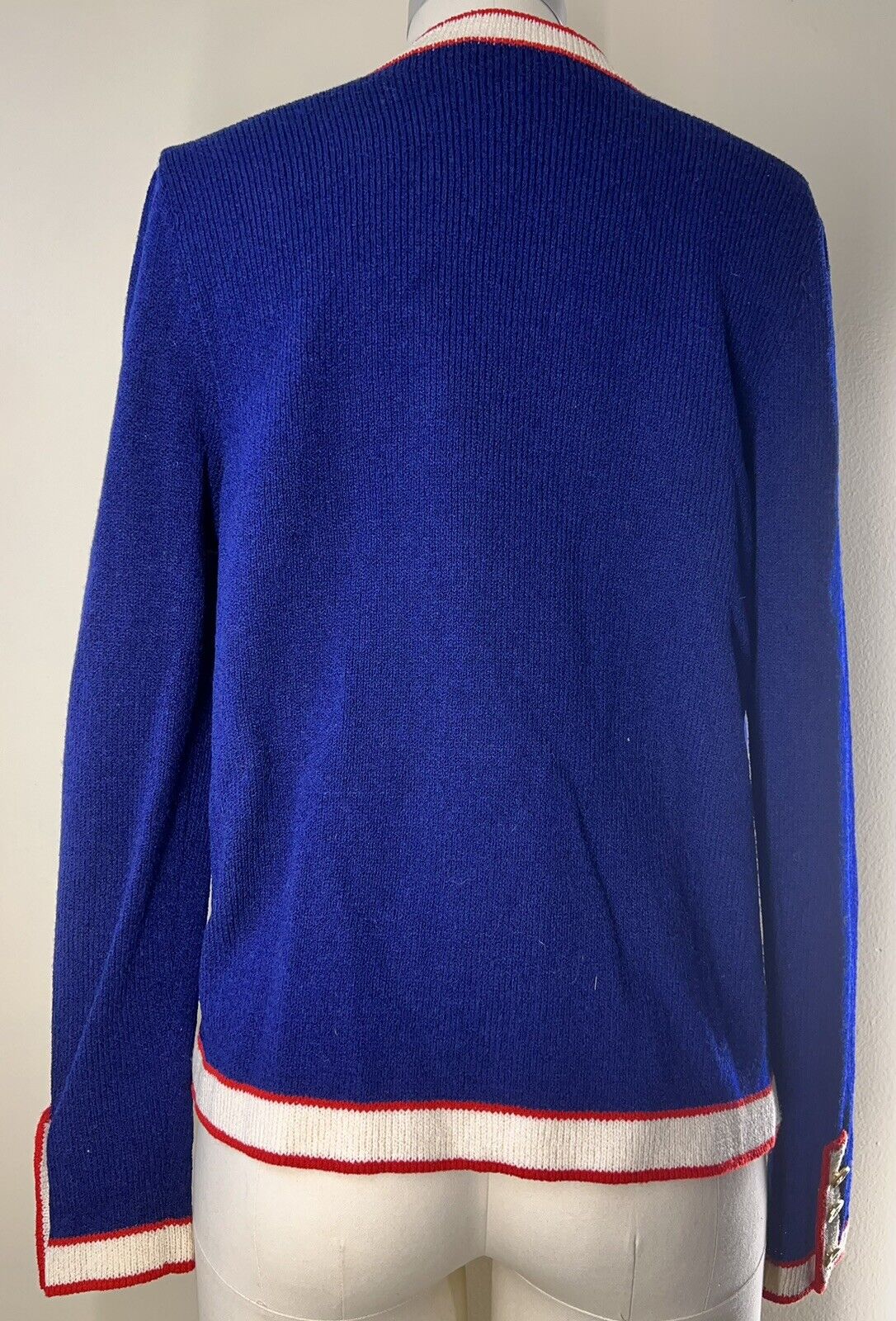 Jaylon New York Blue Cardigan Red & White Trim Gold Buttons Size 6