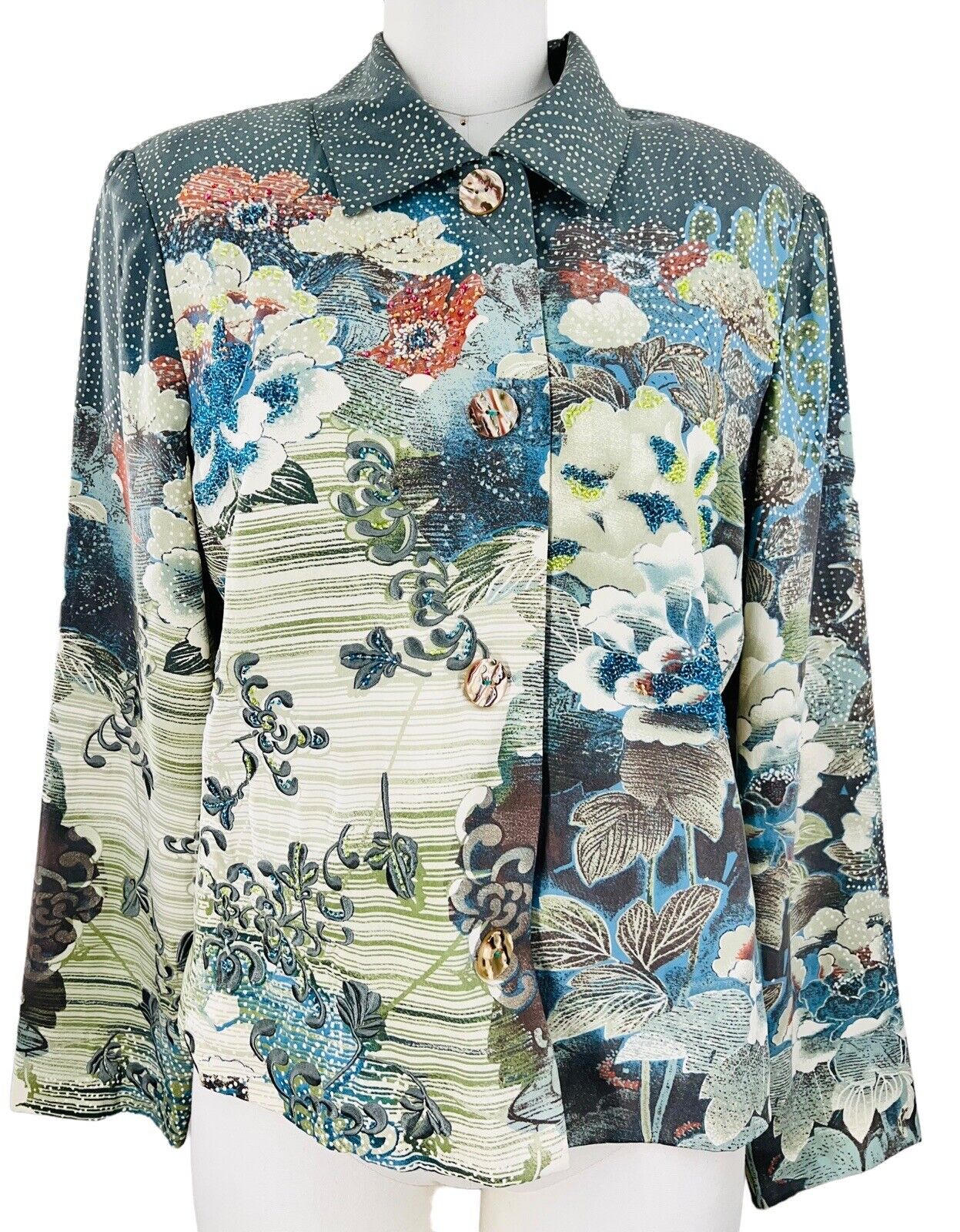 Nancy Bolen City Girl Silk Floral Pattern Sequined  Jacket Wood Buttons