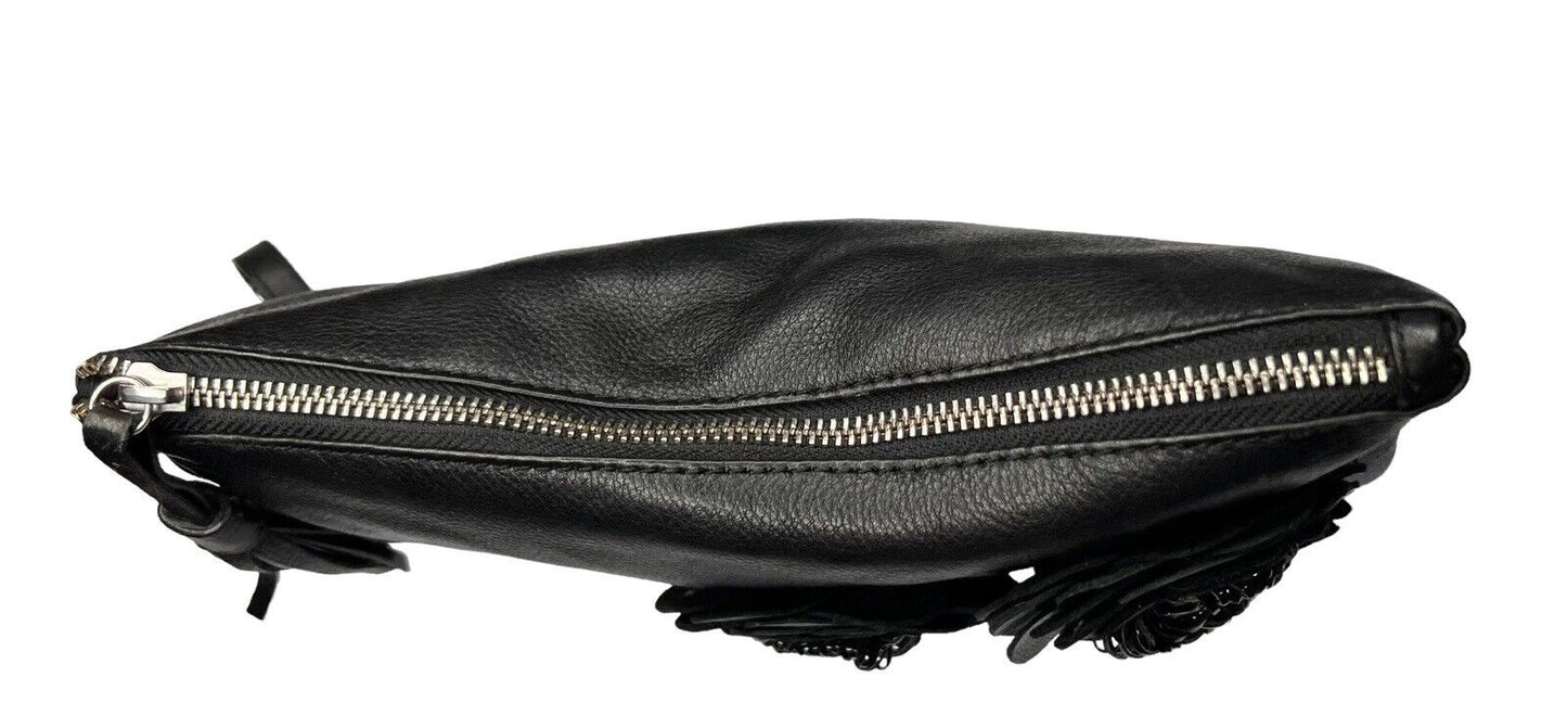 Chico’s Black Leather Clutch Leather Rose Beaded 