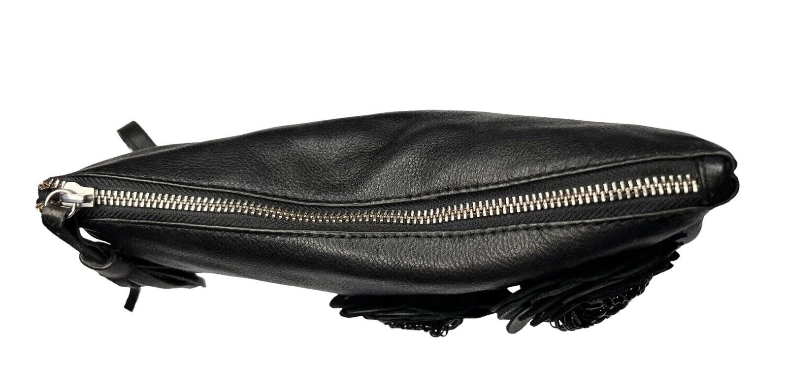 Chico’s Black Leather Clutch Leather Rose Beaded 