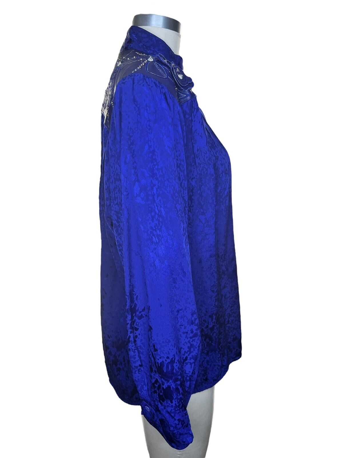 Stanley Nelson Indigo Blue Silk & Leather Studded Beaded Button Up Top Size L