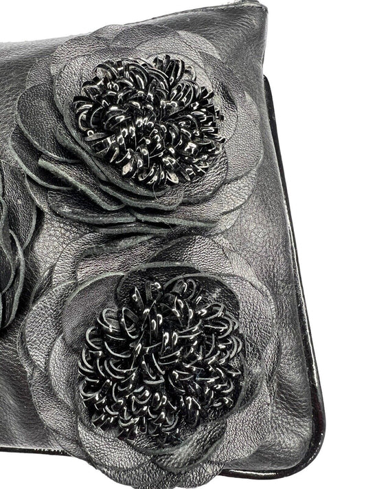 Chico’s Black Leather Clutch Leather Rose Beaded 