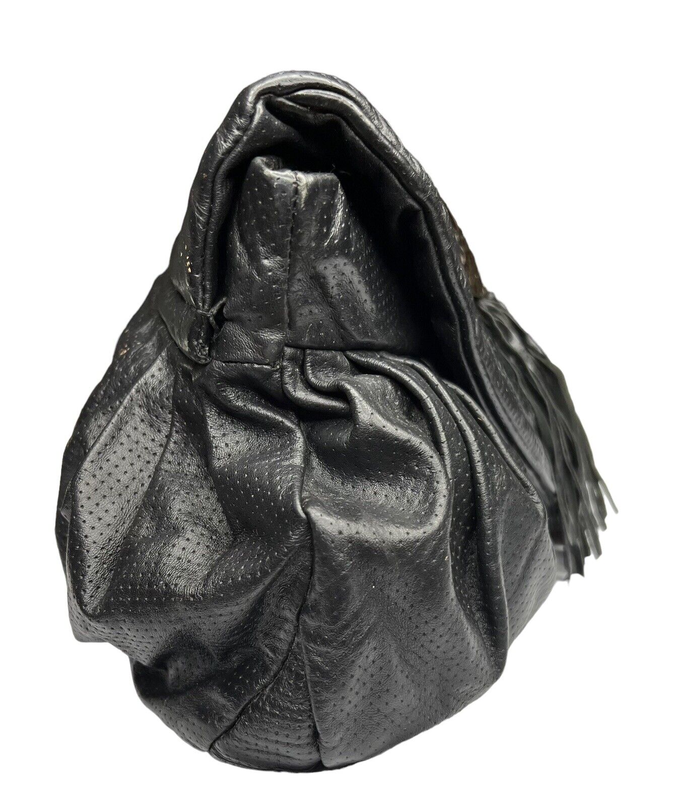 Black Snakeskin Leather Tortoise Shell Fringe Snap Closure Medium Clutch