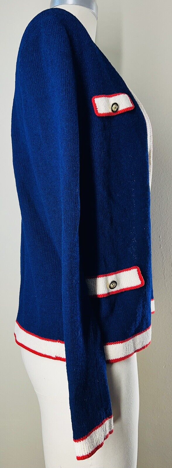 Jaylon New York Blue Cardigan Red & White Trim Gold Buttons Size 6