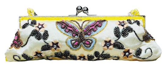 Yellow Satin Evening Purse Beading Sequins Embroidery Beaded Top Handle