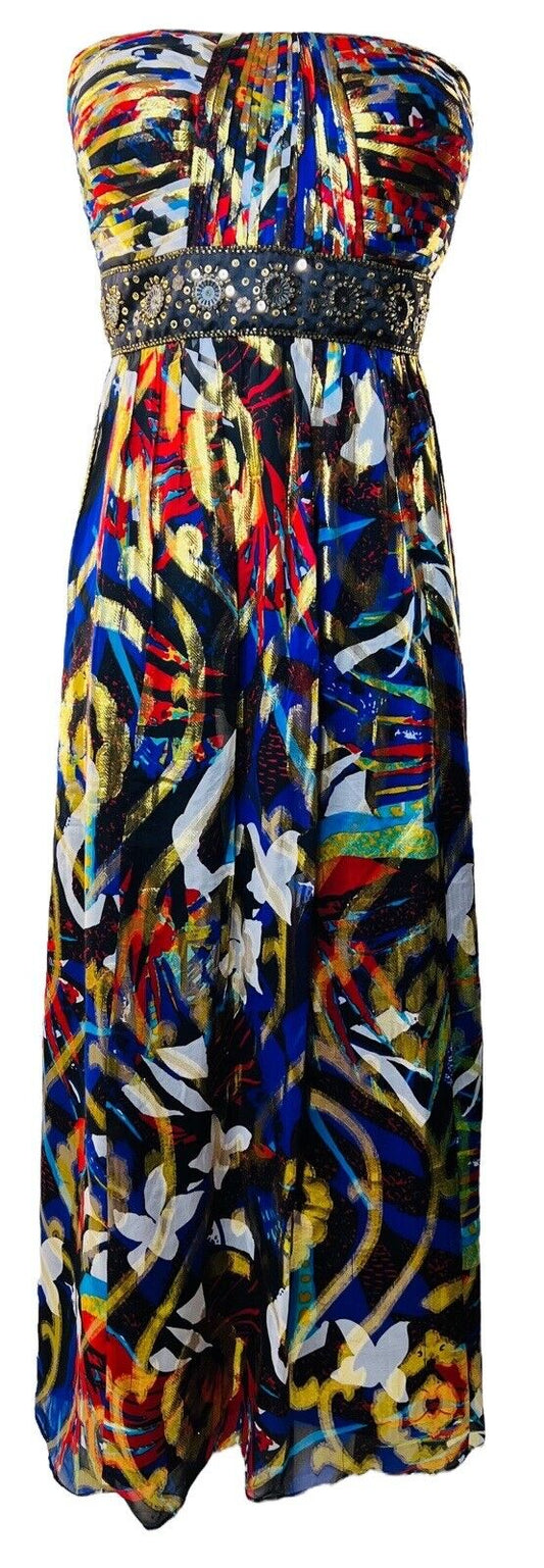 Oleg Cassini Silk Multicolor Gold Metallic Halter Maxi Dress Size 14W