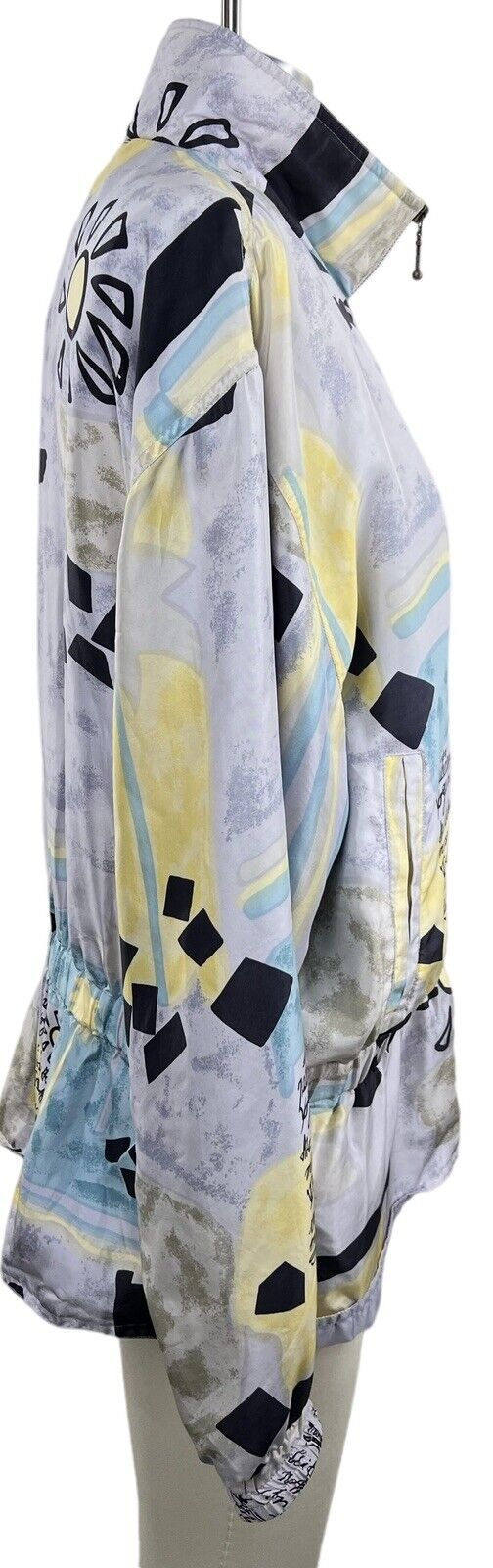East West Silks Zip Up Elastic Waist Oversized Jacket With Writing Size Small