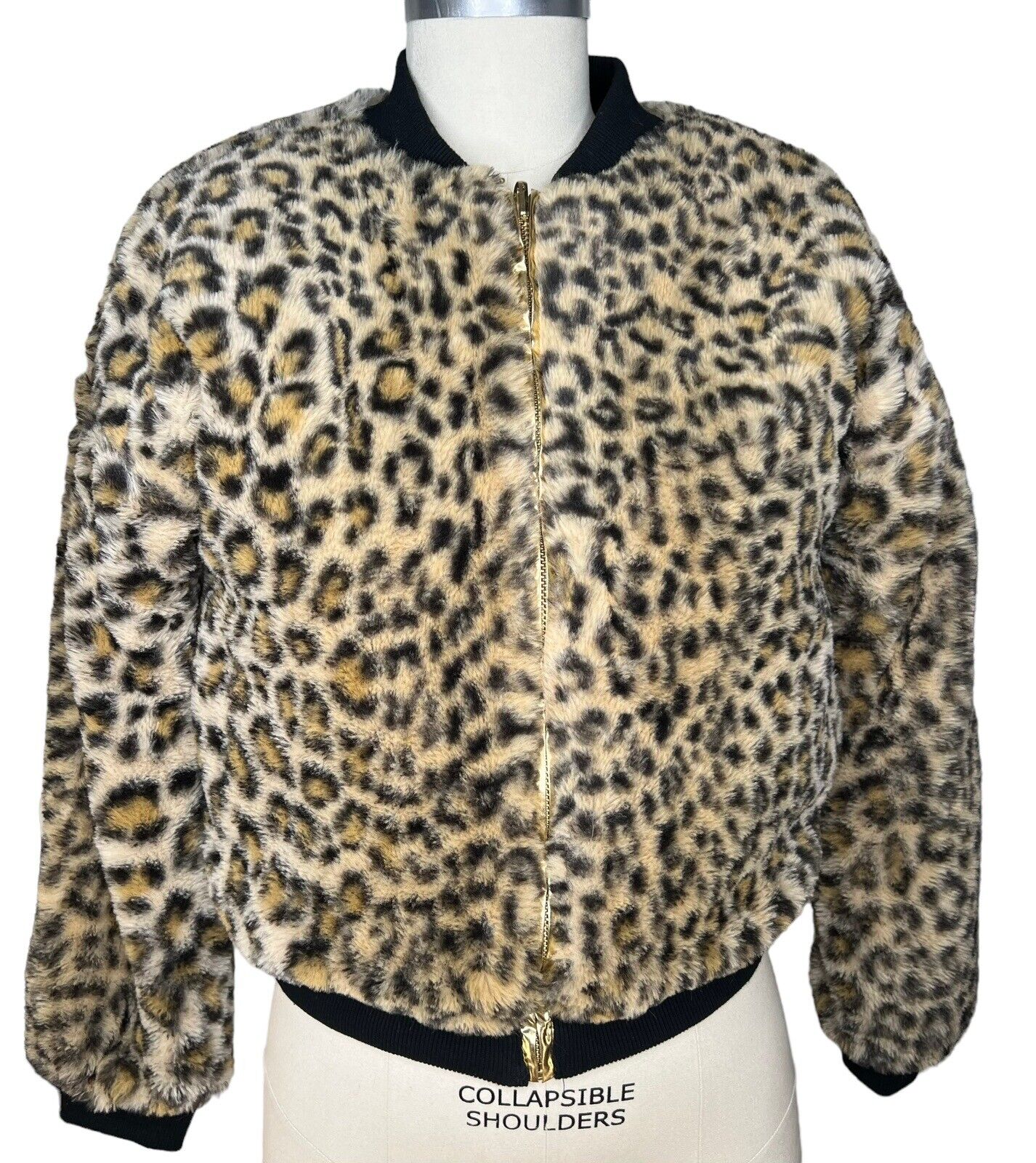 Women’s Reversible Gold Lame Leopard Print Faux Fur Baseball Jacket Size Small