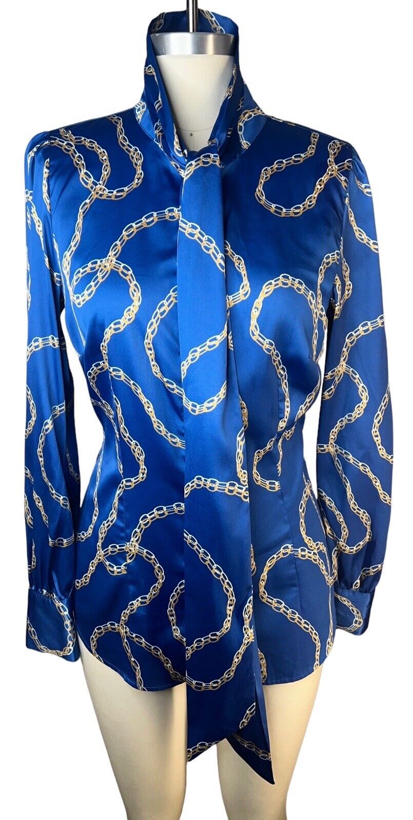 Hawes & Curtis Fitted Blue Italian Chain Blouse lavallière Pussycat Bow Size 10