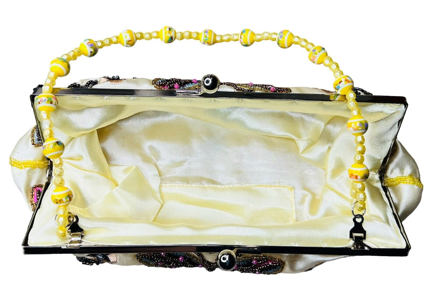 Yellow Satin Evening Purse Beading Sequins Embroidery Beaded Top Handle